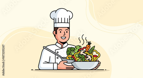 Professional Chef Presenting a Culinary Dish of Fresh Vegetables on Creamy Background