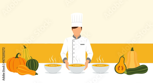 Professional Chef Presents Harvest Soup Alongside Colorful Gourds And Vegetables For Season's Feast