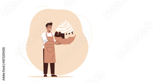 Proud Baker Chef Presenting Delicious Dessert Treat with Whipped Cream and Chocolate