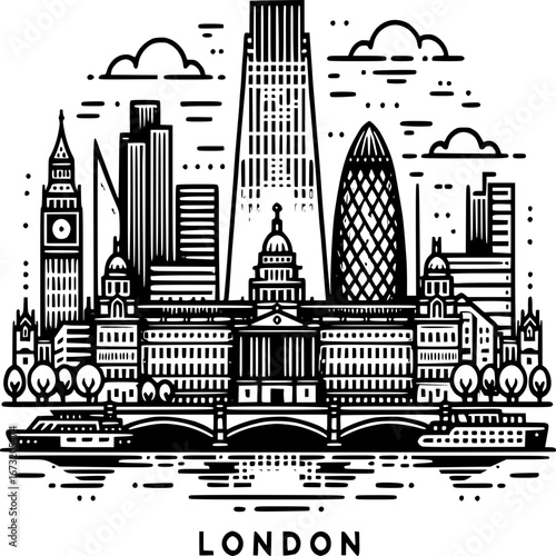 London Cityscape in Line Art: A striking line art illustration of the iconic London skyline, featuring famous landmarks such as Big Ben, The Shard, and Tower Bridge.