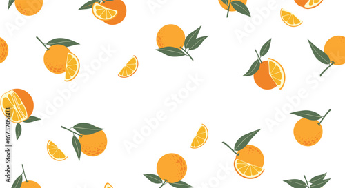 Vibrant orange slices and whole fruits scattered across a clean white background a cheerful citrus pattern