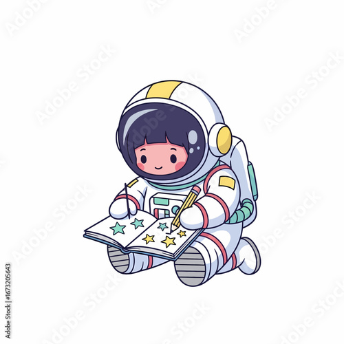 Cartoon Astronaut Girl Drawing Stars in a Notebook Wearing White Spacesuit.