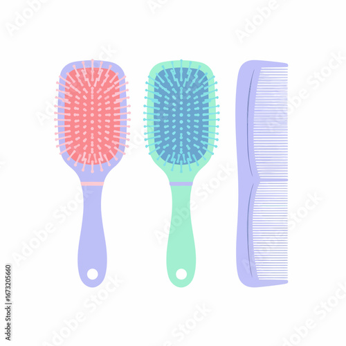 Hairbrushes and Comb Set: Pastel Colors Plastic Handles Bristles Grooming Tools.