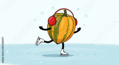 Pumpkin Joyfully Skates on Ice, Embracing Winter with Playful Cheerfulness and Fun