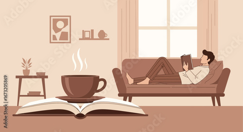 Quiet Afternoon: Relaxing with a Book and Coffee in a Cozy Living Room Setting
