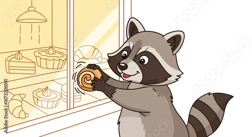 Raccoon Admiring Pastry In A Bakery Window, Animated Illustration, Delicious Treats