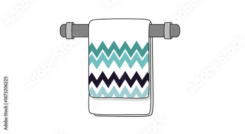 Stylish bathroom towel rack with chevron patterned hand towel and washcloth for home decor