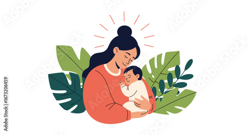 A mother's gentle embrace holding her cherished infant surrounded by lush greenery and warm rays of sunlight illustrating maternal love and connection