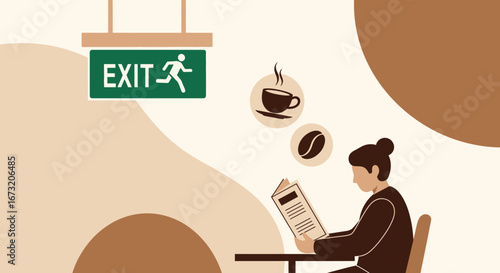 Reading The Menu And Enjoying Coffee In A Cafe With The Exit Sign In View
