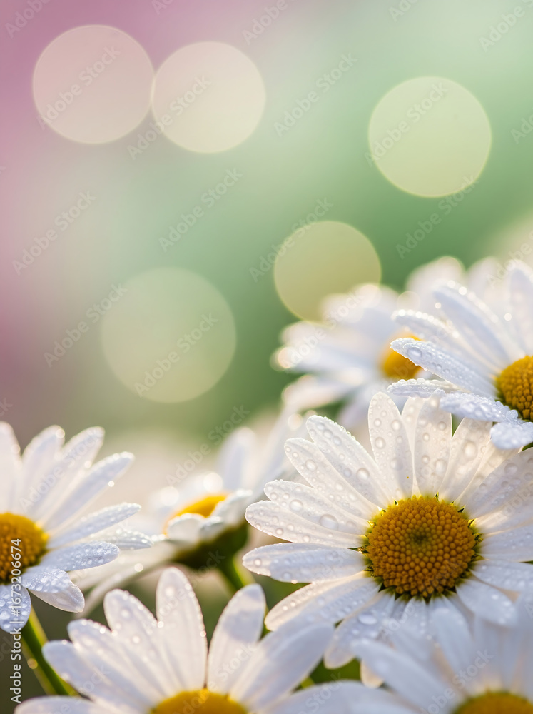 Fototapeta premium Close-up dreamy macro of delicate white daisies glowing in soft morning sunlight with blurred pastel background and cinematic bokeh, gentle floral nature scene.