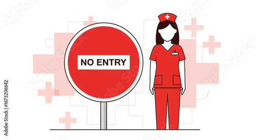 Red-Clad Healthcare Worker Stands Beside a Sign Indicating Access Restriction