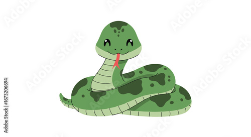 Adorably cute cartoon green snake illustration with big eyes and forked tongue wiggling