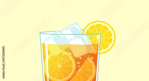 Refreshing Citrus Beverage with Ice Cubes and Lemon Slice in a Glass on Yellow Backdrop
