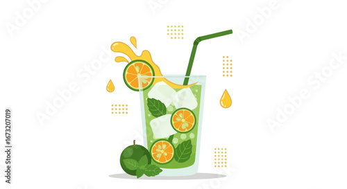 Refreshing Citrus Mocktail Illustration with Fresh Mint and Lime on a White Background