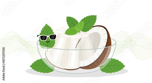 Refreshing Coconut Dessert with Playful Mint Leaf Illustration in Trendy Style