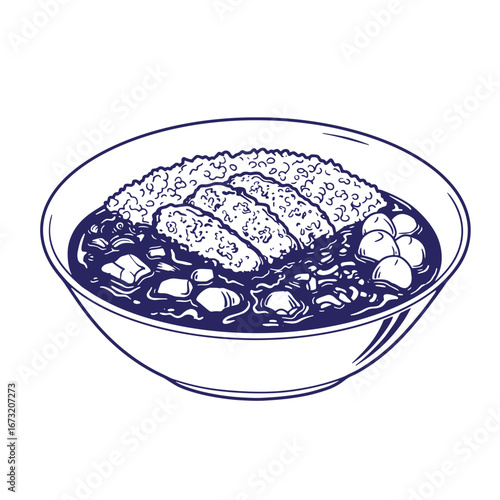 Illustration of japanese curry rice dish with cutlets in a classic bowl