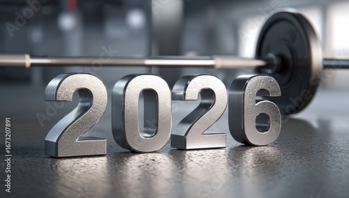 Numbers representing the year 2026 are placed on a gym floor beside a barbell, symbolizing fresh starts and fitness resolutions during the new year and Christmas celebrations