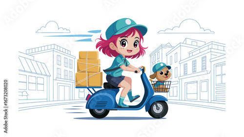 Animated Delivery Girl on Scooter with Dog and Boxes, City Background, Cartoon Style, Vector Illustration, Delivery Service, Cute Character