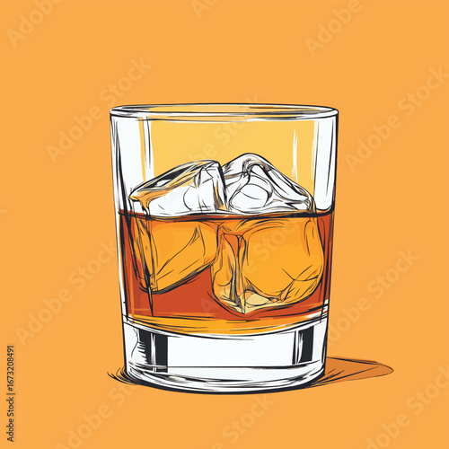 Minimalist continuous line drawing of whiskey glass with ice cubes and amber liquid in simple outline style for beverage concept illustration, vector style simple color