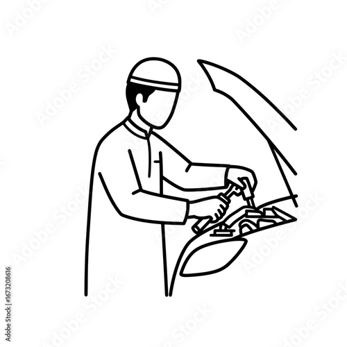 Man fixing car engine with transparent background