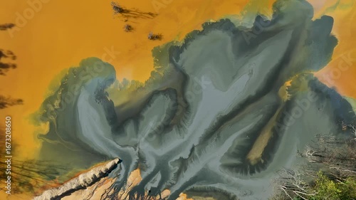 Patterns of acid mine drainage in decanting lake, nature pollution, aerial view