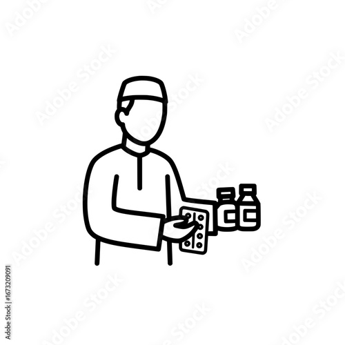 Person using mobile device with pharmaceutical bottles