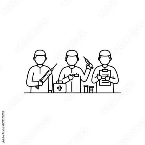 Group of medical professionals holding syringe and clipboard with transparent background