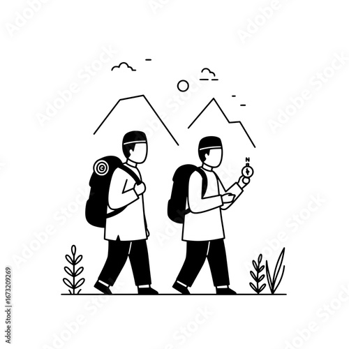 Hikers with backpacks exploring mountain landscape with transparent background