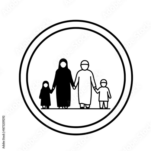 Family walking with children around circular frame with transparent background