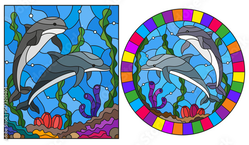 Set of illustrations in stained glass style with a dolphins on the background of water and the seabed