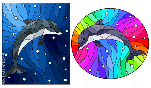 Set of illustrations in the style of stained glass with dolphins on the background of water and air bubbles