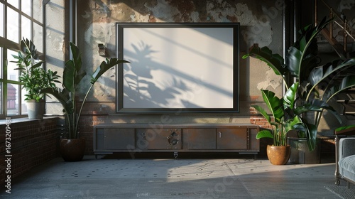 Classic TV with mockup screen on rustic media console, loft with high ceilings and vintage charm