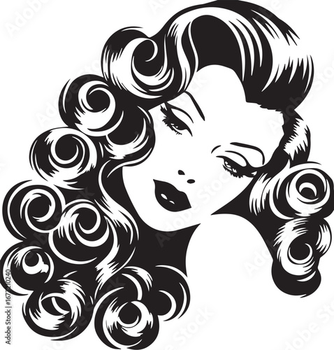 Elegant Vintage: A captivating monochrome portrait of a vintage woman with elegant, flowing curls and a subtle gaze, perfect for evoking classic beauty.