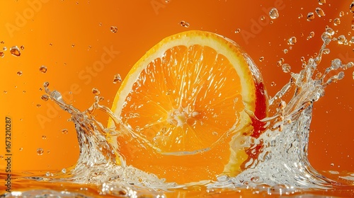 Dynamic splash of fresh orange slice submerged in water against bright orange background, capturing high-resolution details of citrus texture, water droplets, and vibrant color contrast in energetic 