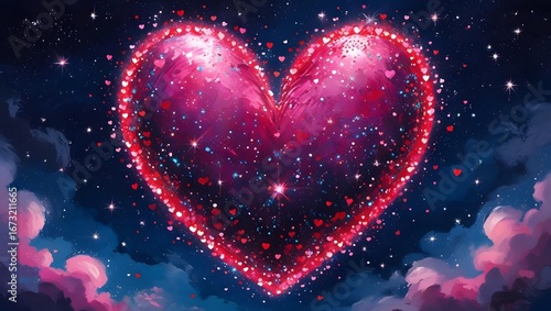 Glitter Valentine Heart with Stars in Night Sky