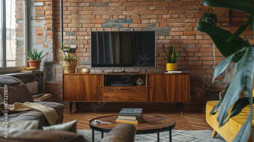 Retro TV on sleek media unit, loft with industrial design, wood accents, and comfortable seating area