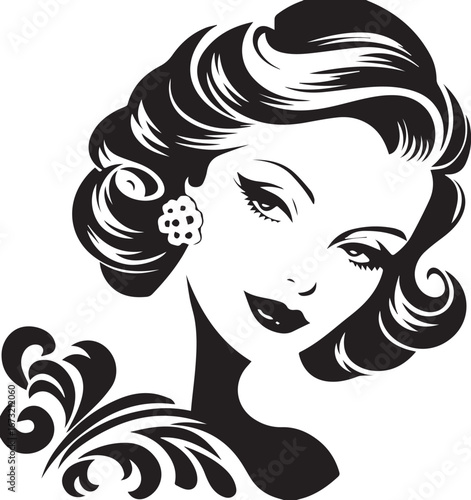 Elegant Portrait of a Woman: A striking silhouette of a sophisticated woman with carefully coiffed hair, delicate features, and a touch of floral detail.