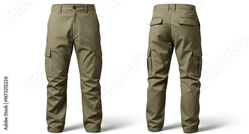 Men's khaki cargo pants with multiple pockets, shown from the front and back, isolated on a pure white background for fashion mockups