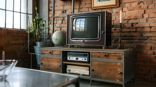 Vintage television on sleek media console, stylish loft with industrial design and vintage charm
