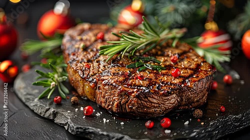 Juicy grilled steak garnished with fresh rosemary and cherry tomatoes on slate plate