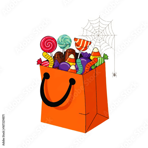 A cheerful orange bag overflows with colorful Halloween candy, a spiderweb hangs nearby