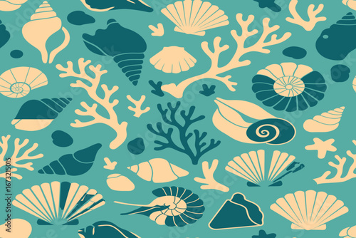 Stylized seamless vector pattern featuring a collection of seashells, coral branches, and ammonite fossils on a turquoise background