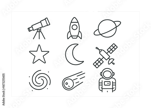 Astronomy icons: telescope, rocket, saturn, star, moon, satellite, galaxy, comet, astronaut