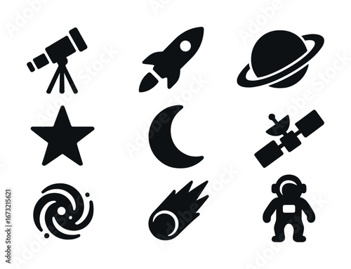 Space exploration icons: telescope rocket planet galaxy star satellite astronaut