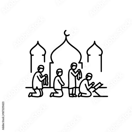 People praying in mosque with transparent background