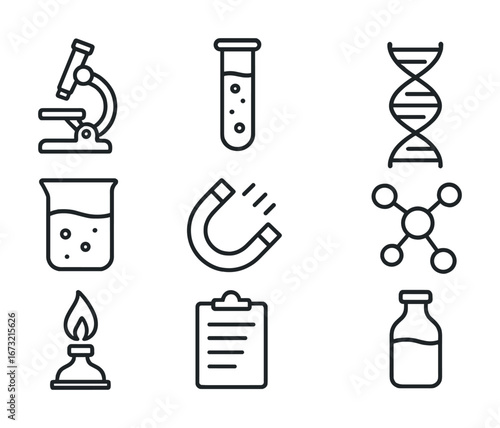 Science icons: microscope, test tube, dna, beaker, magnet, molecule, bunsen burner, clipboard, bottle
