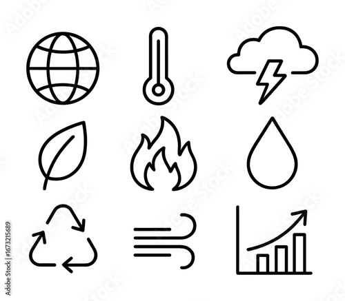 Sustainability and climate change icons: globe, thermometer, cloud, leaf, fire, water, recycle, wind, growth chart