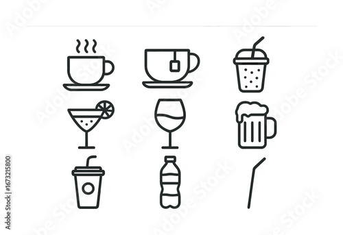 Outline icons of beverages: tea, coffee, wine, beer, juice, cocktail, water