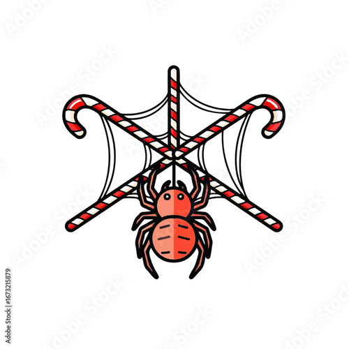 A spider caught in a web, with candy canes crossing it, a whimsical design