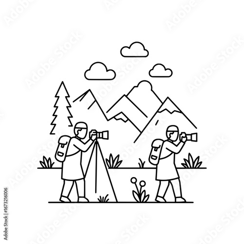 Two hikers with binoculars and camera in mountain landscape with transparent background